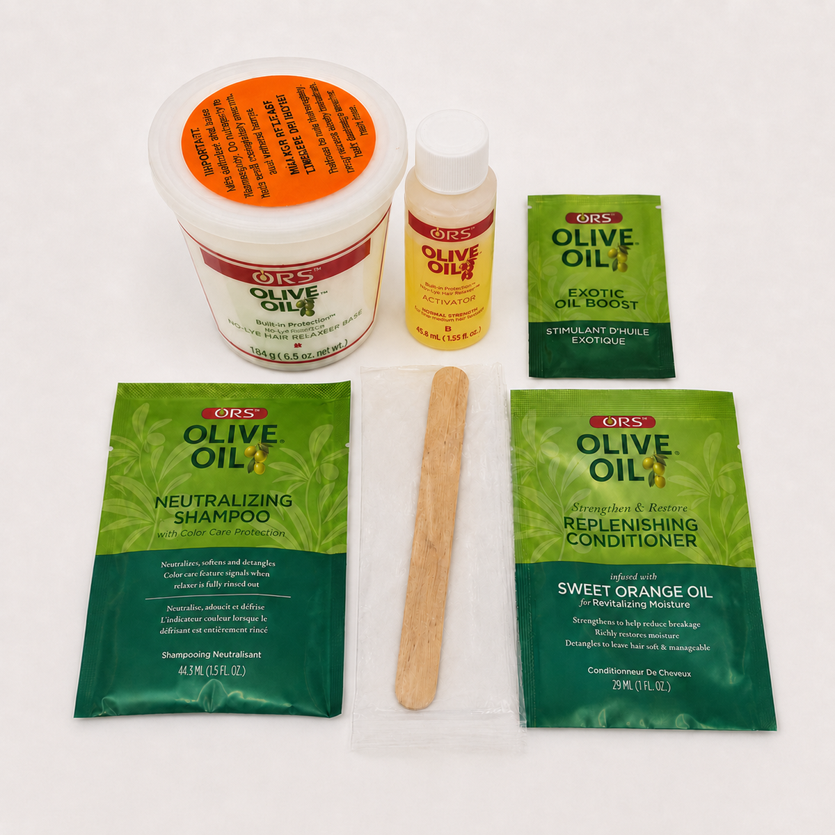 ORS Olive Oil No-Lye Relaxer Normal Strength complete kit contents including activator, shampoo and conditioner