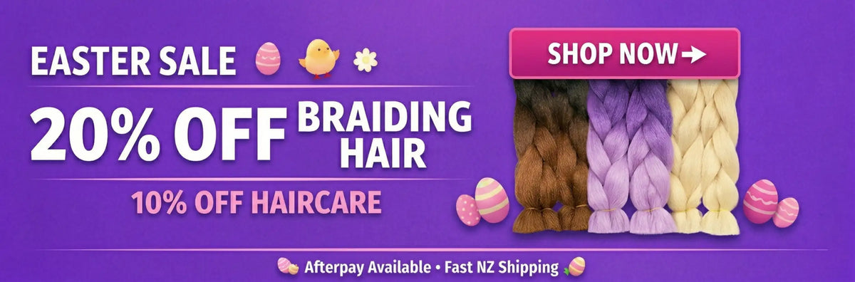 Three braided hair extensions in brown, purple, and yellow are displayed vertically.