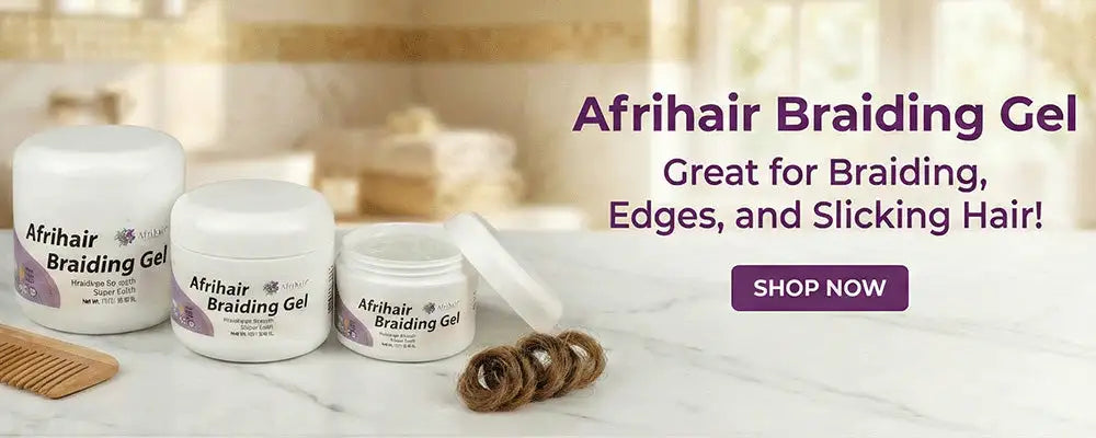 Three white jars of afrihair braiding gel, with varying sizes and one lid off, displayed alongside a wooden comb and coiled braided hair.
