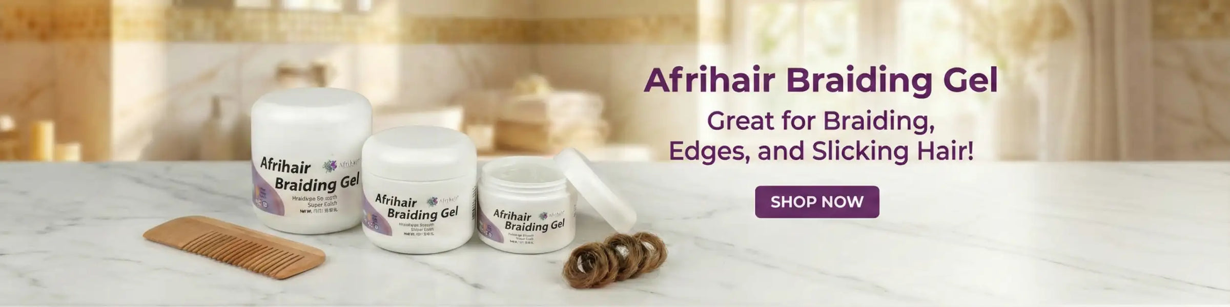 White cylindrical jars of afrihair braiding gel with purple and black labeling, accompanied by a wooden comb and coiled braids.